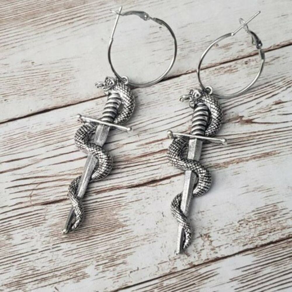 Large Snake Serpent Silver Tone Dangle Drop Earrings - New